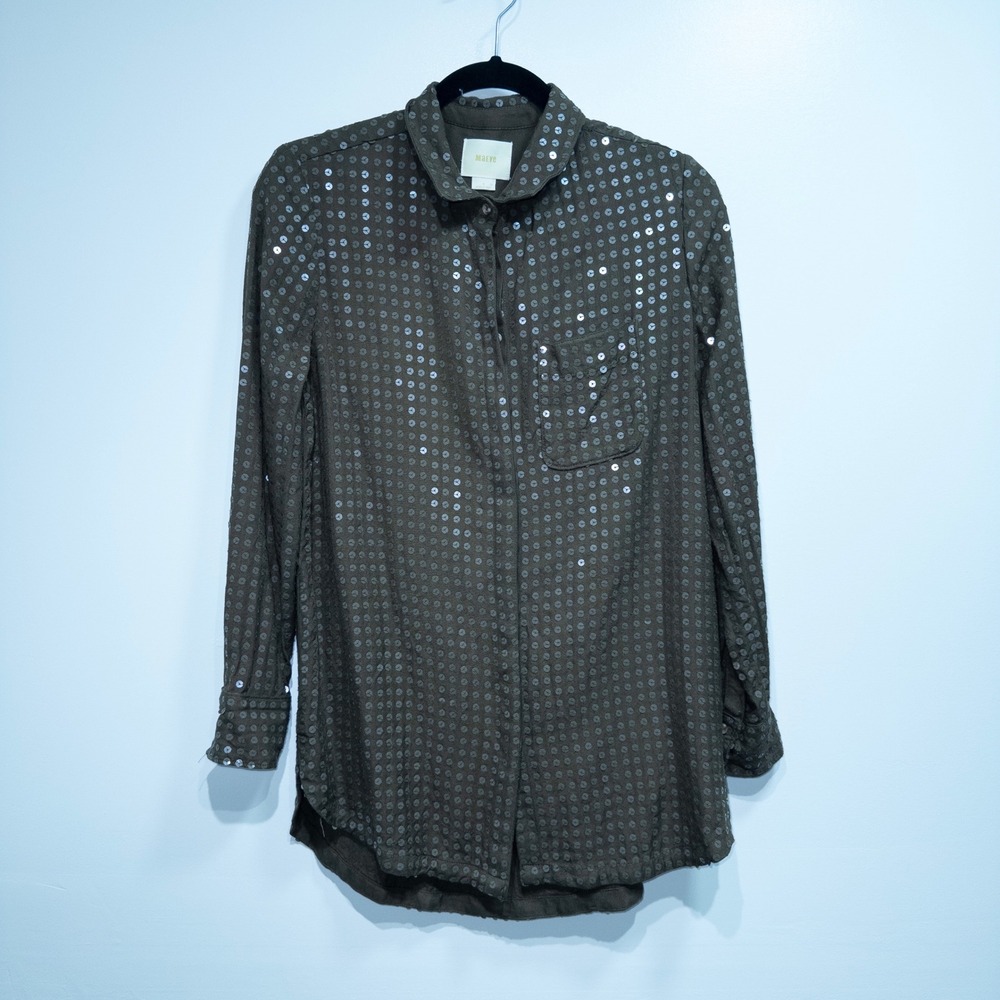 Maeve Anthropologie Olive Green Arwa Sequin Button Up Top Size Small - Picture 2 of 9